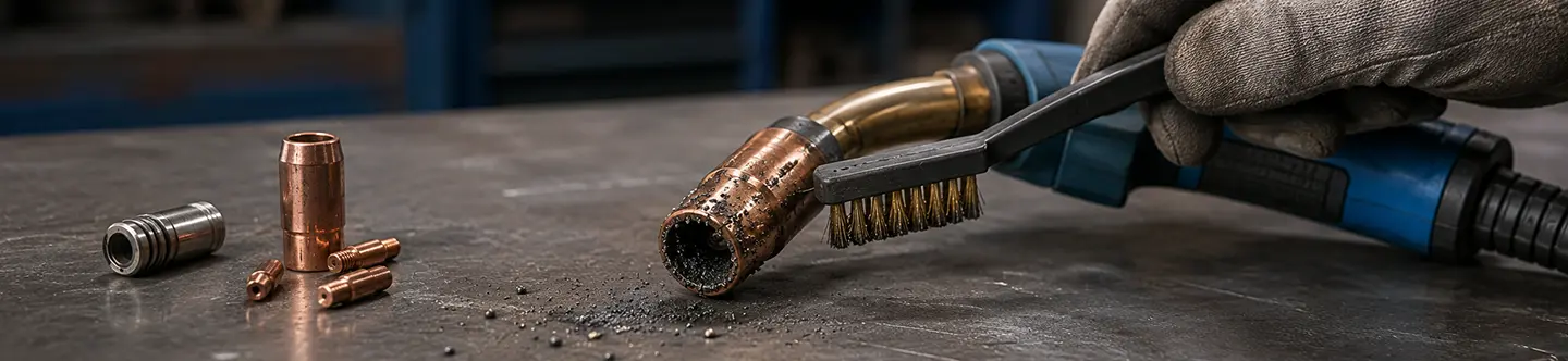 clean wire spatter Removing weld spatter from a MIG gun nozzle with a wire brush