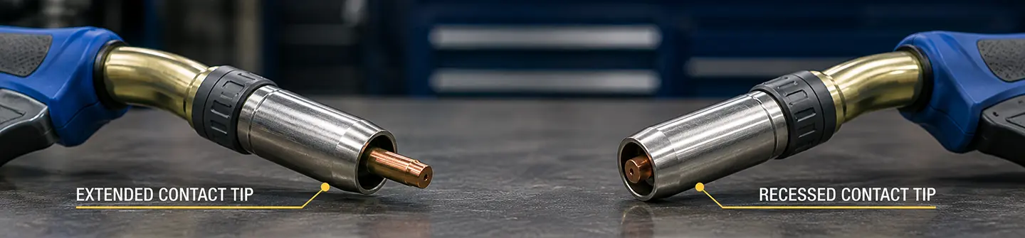 extended vs recessed contact tips Comparison of extended and recessed MIG contact tip positions
